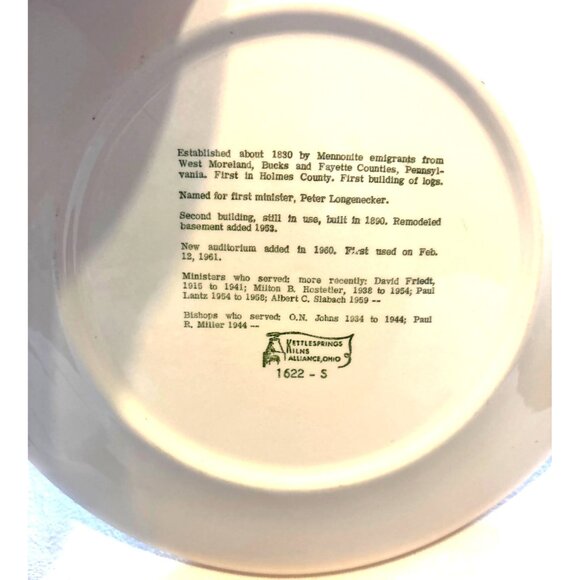 Longenecker Mennonite Church Commemorative Plate Kettlesprings Kilns 1622-S vtg - Picture 2 of 6